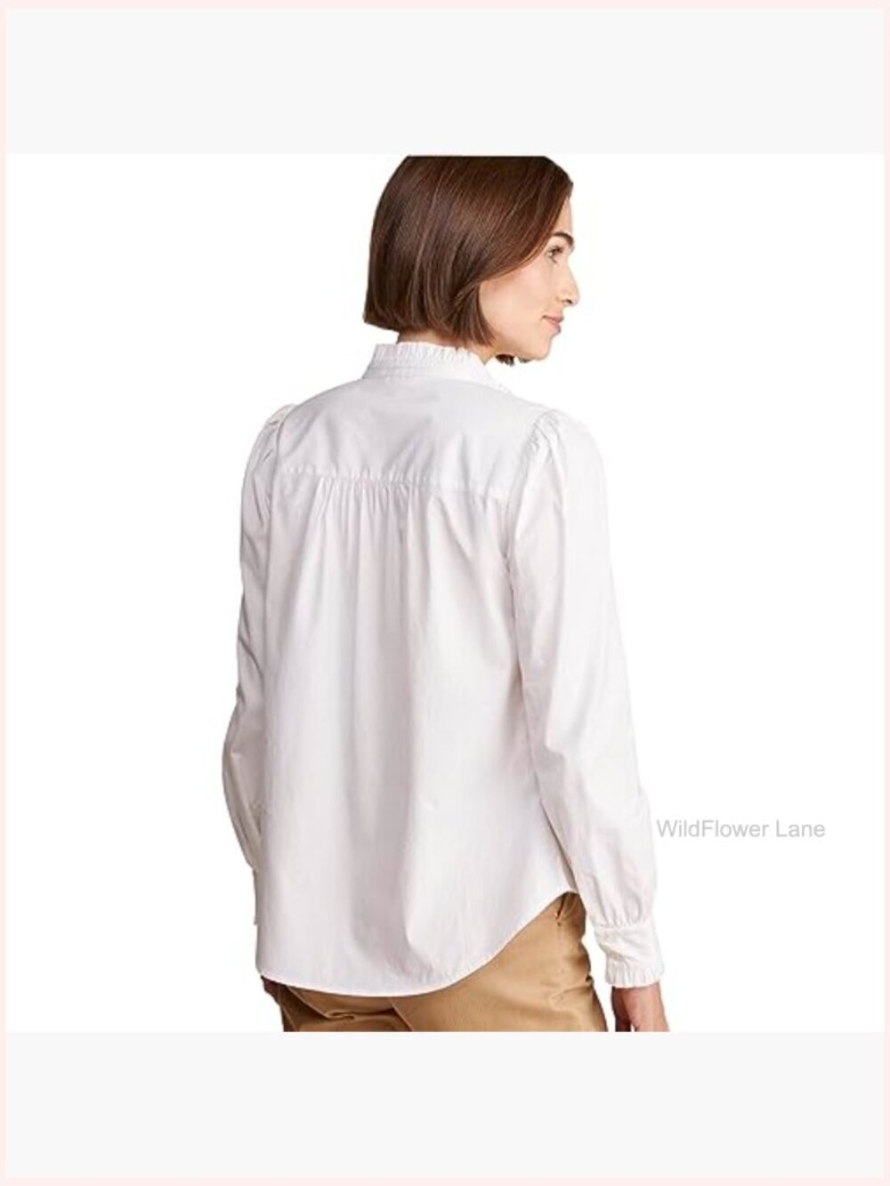 Women's Poplin Ruffle Collar Blouse Button Front Long Sleeve - Picture 2 of 4